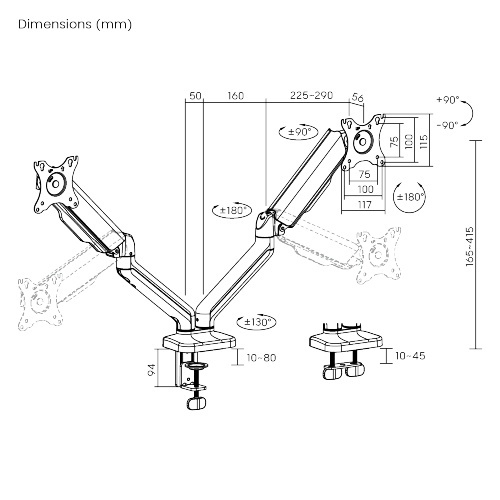 Braț pentru monitor cu contragreutate Material: Oțel, Plastic Tehnologie: Arc Suprafață finisaj : Vopsit electrostatic, Acoperire cu Pulbere Dimensiune compatibila ecran: 17"-32" Greutate maxima (pe ecran): 2~9 kg Compatibilitate VESA: 75x75, 100x100 - Img 6