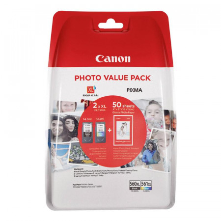 Cartuse cerneala Canon PG560XLPVP value pack, 4x6 Photo Paper (GP-501 50 sheets) + XL Black & XL Colour Cartridges, capacitate 14.3ml/400 pagini negru, CL-561XL 12.2ml/300 pagini color, pentru PIXMA TS5350, PIXMA TS5351, PIXMA TS5352.