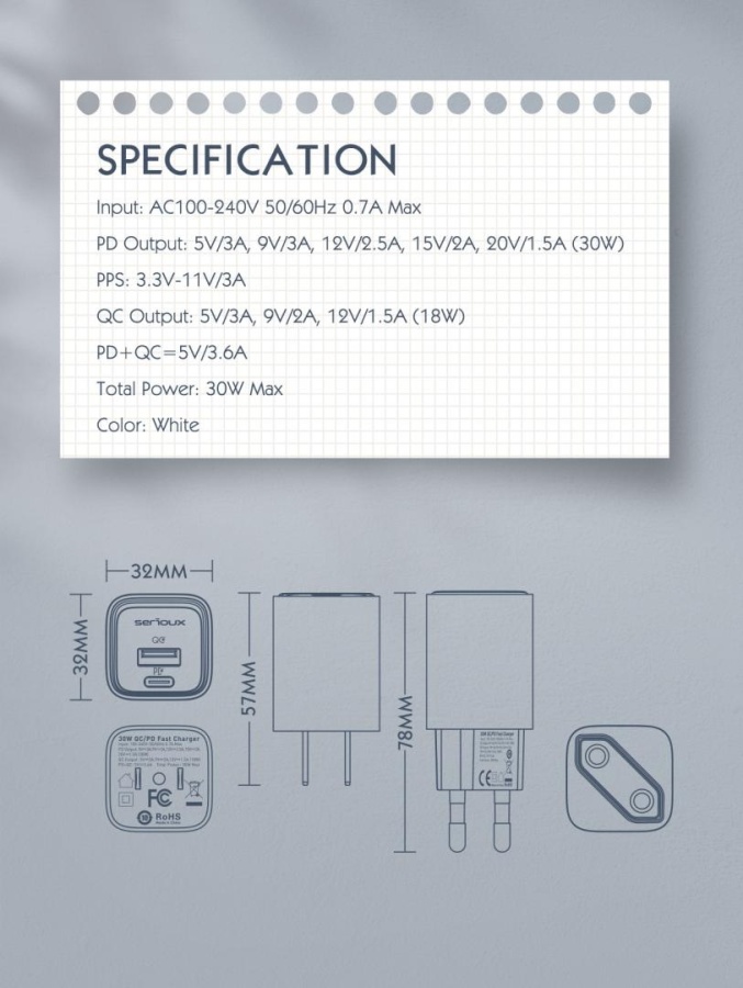 Incarcator retea Serioux 30W Quick Charge, Intrare AC100-240V~ 50/60Hz 0.7A Max, PD Ieșire: 5V-3A, 9V-3A, 12V-2.5A, 15V 2A, 20V=1.5A (30W), QC Ieșire: 5V-3A, 9V-2A, 12V=1.5A (18W), PD+QC=5V=3.6A, Total: 30W Max - Img 14