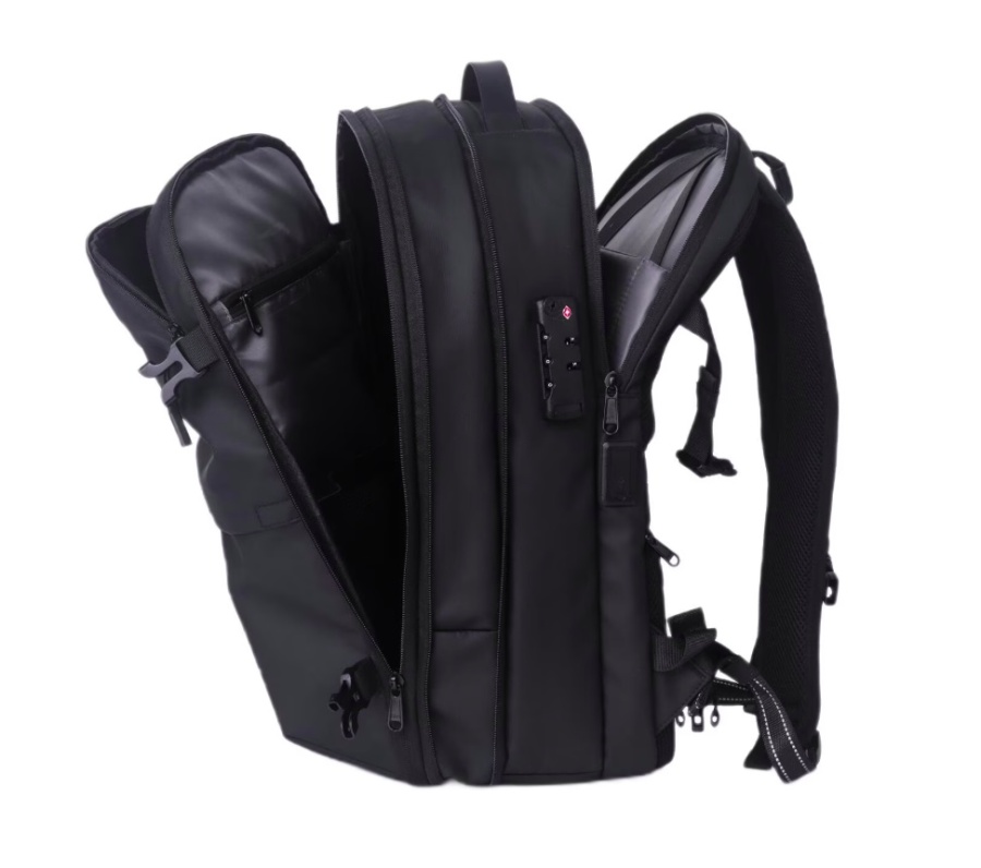 Lemontti Rucsac Smart Premium cu Vacuum si pompa vid 5 capete inclusa, 30-60L pentru cabina avion, impermeabil, doua mufe incarcare USB: USB-A si Type-C, extensie suplimentara, sistem antifurt, Negru - Img 7