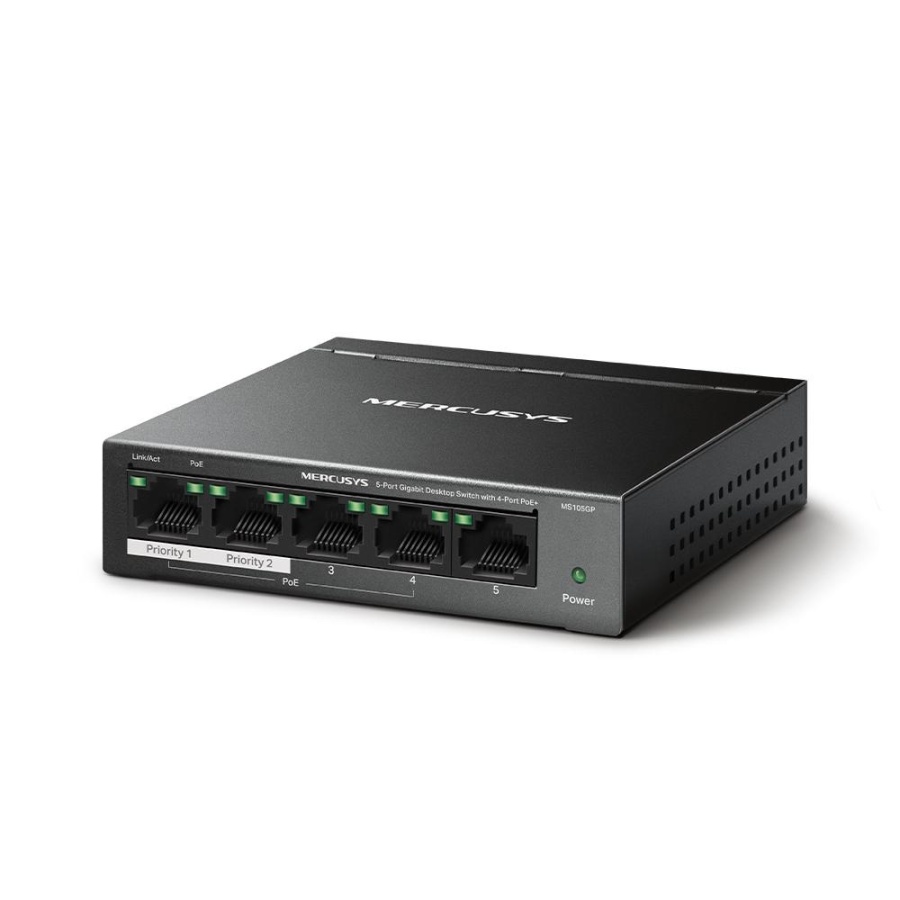 MERCUSYS DESKTOP SWITCH 5PORT MS105GP POE, Interfata: 5 x 5× 10/100/1000 Mbps RJ45 ports, 4 x POE, PoE Power Budget: 65 W, Standarde si protocoale: IEEE 802.3x Flow Control, dimensiuni: 99.8*98*25mm, - Img 3