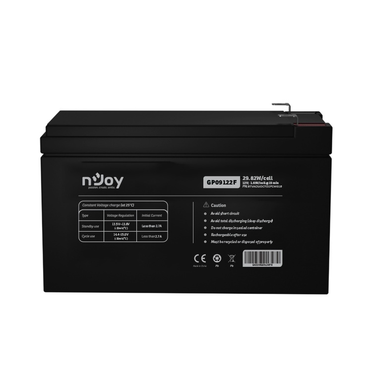 ACUMULATOR NJOY GP09122F 12V Tip VRLA AGM Terminale F2 Durata teoretica de viata in mod asteptare pana la 5 ani Cycle Use 14.4V-15.0V (-30mV/C), max. Current: 2.7A Float Use 13.5-13.8V (-20 mV/C) https://www.njoy.global/product/gp09122f?el=resources - Img 3