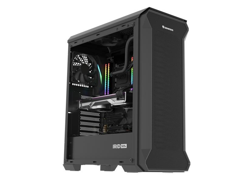 Carcasa GENESIS IRID 505F Mid Tower NEGRU, Tempered Glass, Sloturi Expansiune 8, Drive Bays: 2x3.5" 7x2.5", Ventilatoare Suportate: 6 (spate: 1x120mm, fata: 3x120mm sau 2x140mm, sus: 2x120mm sau 2x140mm), Ventilatoare Incluse: 5 (sus: 1x120mm, fata: - Img 9