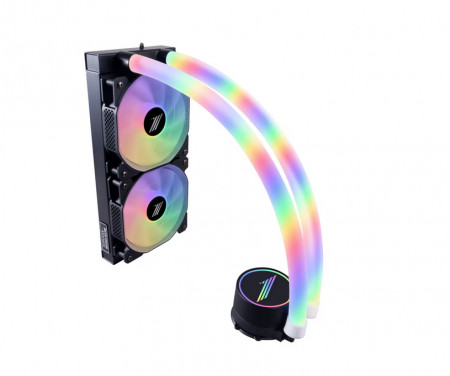 Cooler Procesor 1STPLAYER MOTHRA MT240 INFINITE SPACE ARGB NEGRU, marime radiator 240mm, 2 ventilatoare ARGB, viteza ventilatoare 2500 RPM +/- 10%, Suport AMD: AM4/FM2/FM1/AM3/AM2/FM3, suport INTEL: LGA 1200/1700/2011/2066/1366
