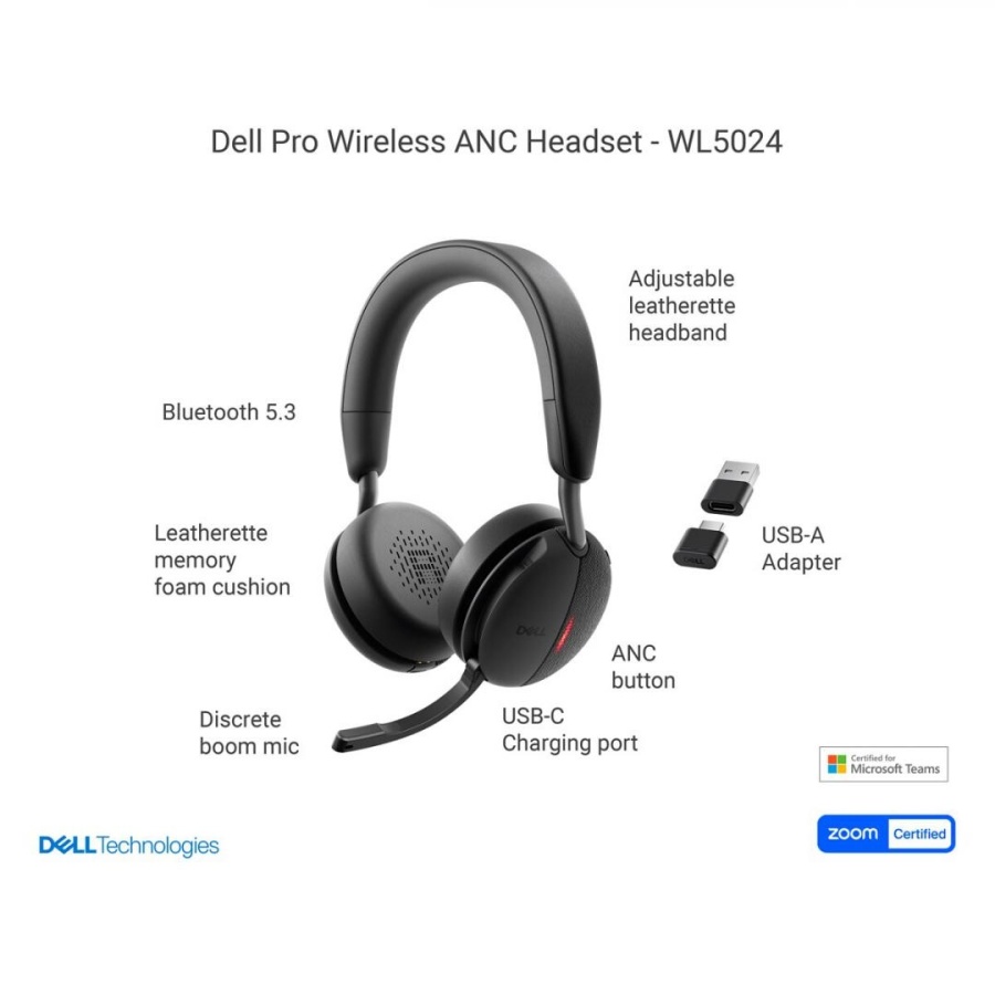 DELL PRO WIRELESS ANC HEADSET WL5024, Tech Specs: Audio (output/speaker): Speaker Size 40mm, Frequency Response 20Hz - 20kHz, Frequency Response (talk mode) 100Hz - 8kHz, Speaker Driver Sensitivity 120dB @ 1mW/1kHz, Noise cancellation Hybrid ANC, User - Img 7