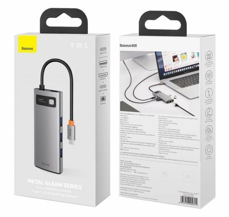 Docking Station Baseus Metal Gleam Series 5-in-1, conectare PC USB Type- C, USB 3.0 x 3, USB Type C x 1 PD 100W 5V / 9V / 14.5V / 20V 5A (Max.), HDMI x 1/4K/30Hz, gri - Img 11