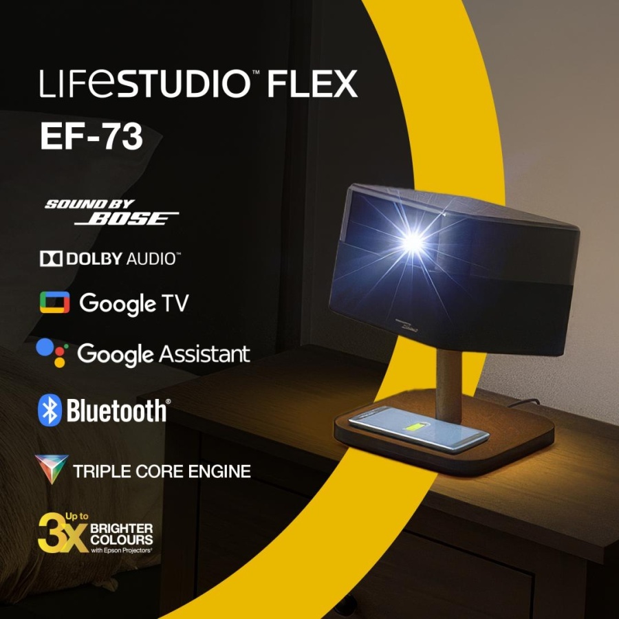 Epson Proiector Lifestudio Flex Special Lux Edition — EF-73 Night Black, Tehnologie 3LCD, LCD 0.62", 1000 Lumeni, Rezolutie: 4K, Aspect: 16:9, Contrast: 5.000.000 : 1, Sursa lumina: LED, Durata de viata: 20.000 ore, refresh rate 192 Hz - 240 Hz, suport - Img 2