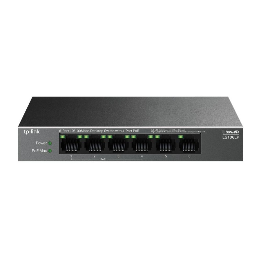 "6-Port 10/100 Mbps Desktop Switch with 4-Port PoE PORT: 4× 10/100 Mbps PoE Ports, 2× 10/100 Mbps Non-PoE Ports SPEC: 802.3af, 41 W PoE Power, Desktop Steel Case FEATURE: Extend Mode for 250m PoE Transmitting, PoE Auto Recovery, Plug and Play" - Img 2