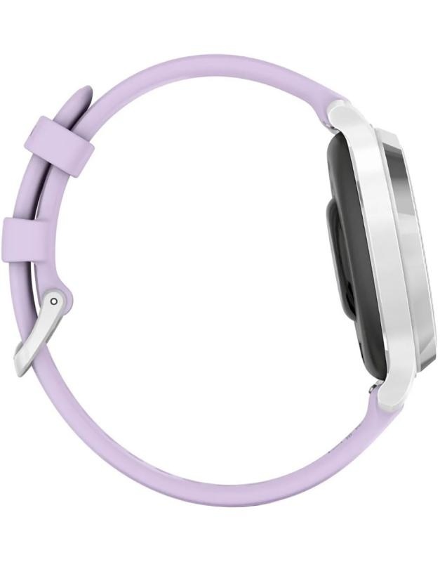 Ceas Garmin Lily 2 Active, display AMOLED, dimensiune afisaj 25,4 mm x 21,3 mm, rezolutie afisaj 240 x 201 pixeli, memorie 8GB, autonomie pana la 9 zile, rezistanta la apa pana la 5 ATM, greutate: 24,4g, ramă Argintiu, şi curea Purple Jasmine din silicon - Img 2