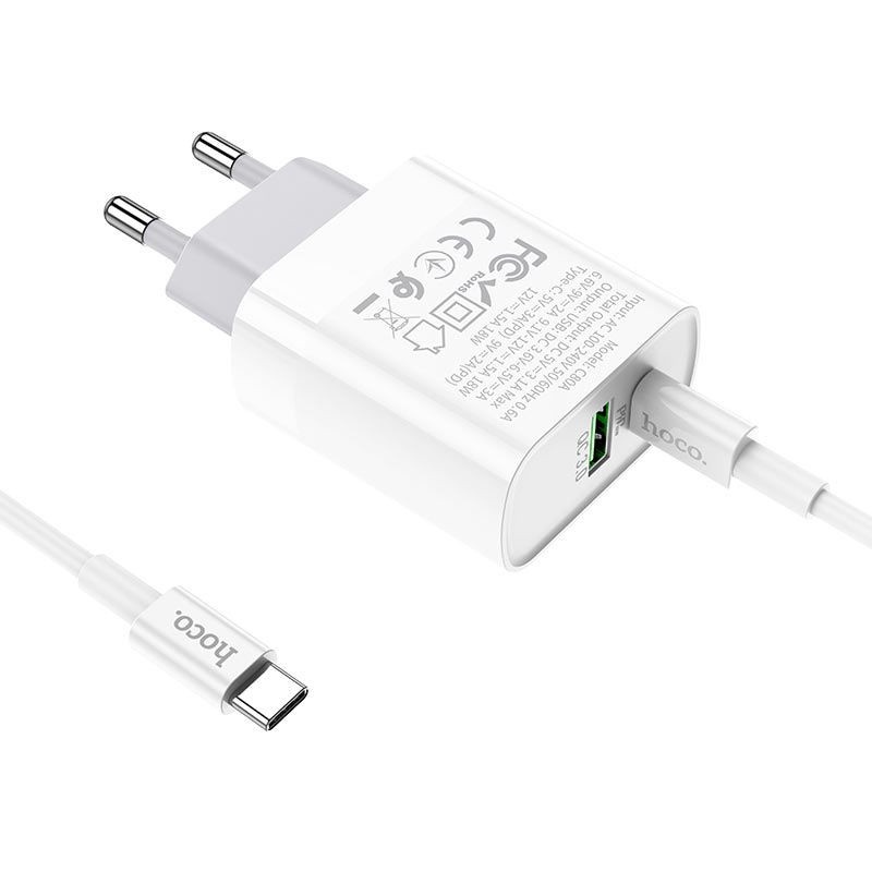 Incarcator alimentator smartphone HOCO C80A, cablu USB-C la USB-C inclus, 20W, alb - Img 2