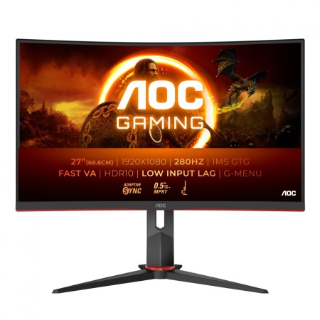 Monitor AOC 27" C27G2Z3/BK, Curvature: 1500R, Diagonal (inch): 27, Diagonal (cm): 69, Aspect ratio: 16:9, Panel: VA, Resolution: 1920x1080, Refresh Rate: 280Hz, Response time GtG: 1ms, Response time MPRT: 0.5ms, Brightness (max): 300 cd/㎡, Contrast