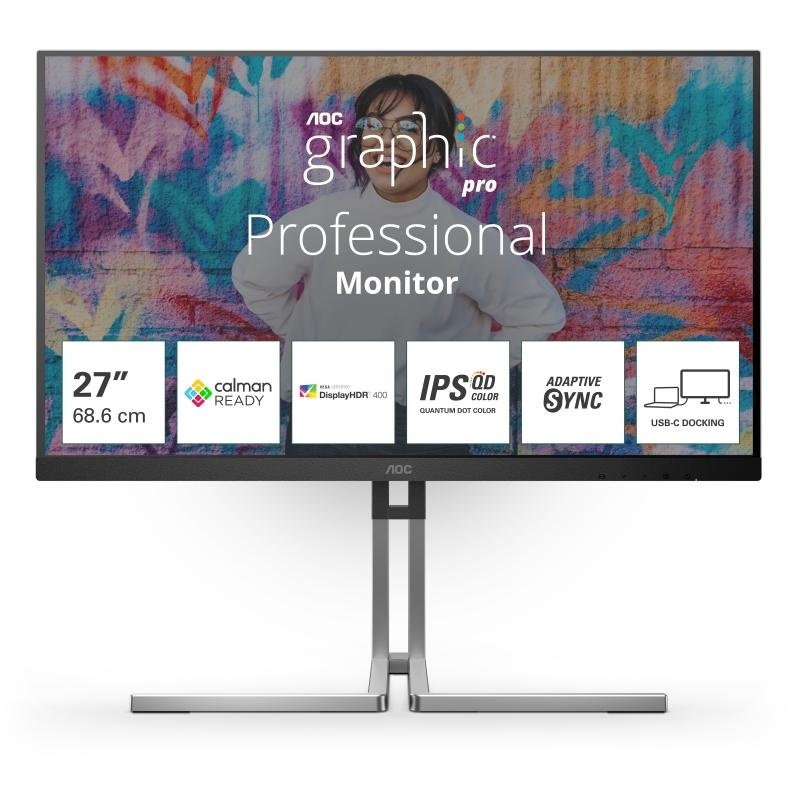 "Monitor AOC 27"" Q27U3CV, Diagonal (inch): 27, Diagonal (cm): 69, Aspect ratio: 16:9, Panel: QD-IPS, Resolution: 2560x1440, Refresh Rate: 75Hz, Response time GtG: 4ms, Brightness (max): 420 cd/m², Contrast (static) : 1000:1, Contrast (dynamic): 50M:1, - Img 2