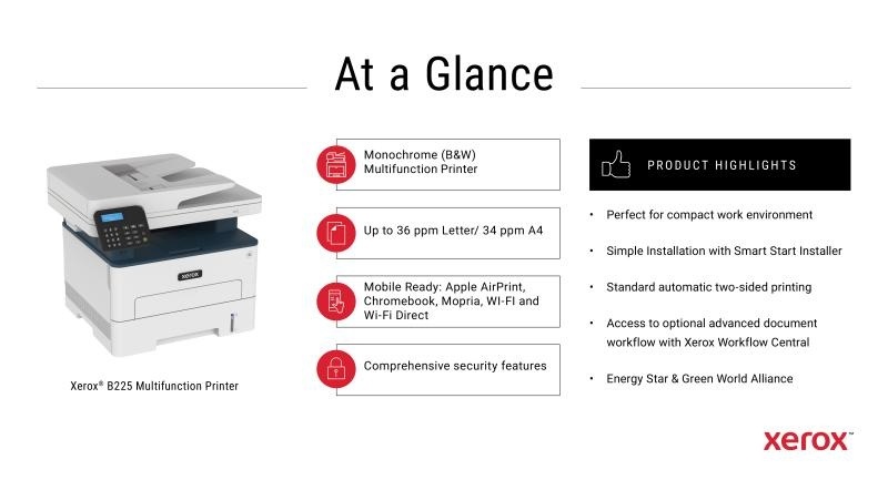 Multifunctional lase mono Xerox B225V_DNI Imprimare/Copiere/Scanare Dimensiune A4, Viteza 34 ppm, Rezolutie:Copiere: Până la 600 x 600 dpi, Imprimare: 600 x 600 dpi, calitate imagine 1200, Procesor:1 GHz Dual Core, Memorie:512 MB,Limbaj imprimre PCL® - Img 10