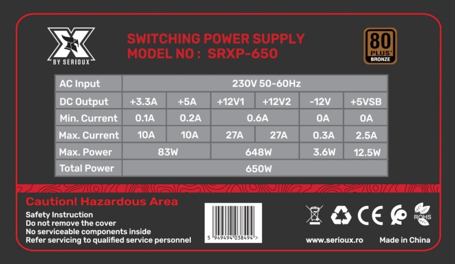 Sursa Serioux Energy 650W, 80+ BRONZE, Ventilator 12cm, ATX, material metal, cabluri: 20+4-pin, 1x4+4-pin, 2x6+2-pin, negru - Img 2