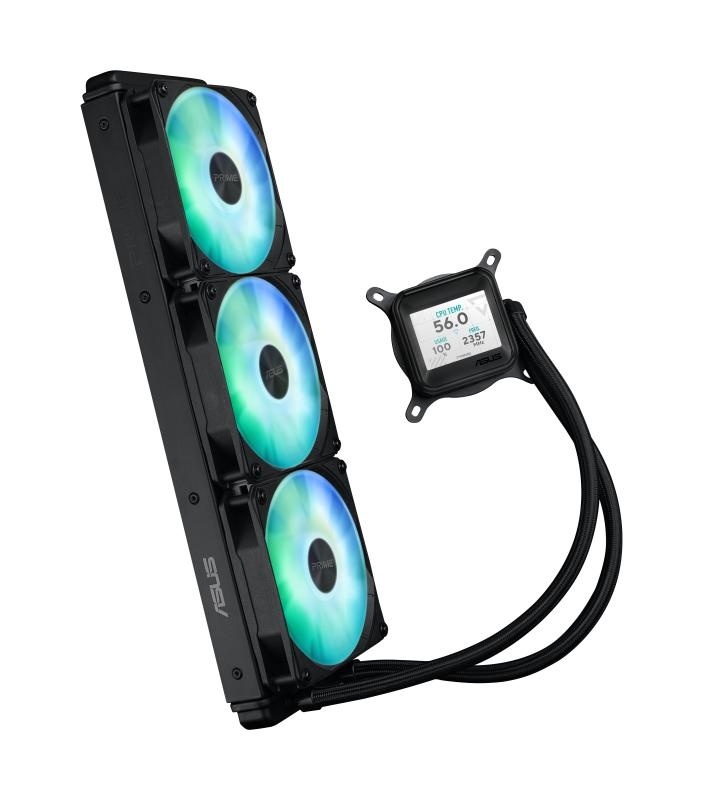 Cooler Procesor ASUS PRIME LC 360 LCD ARGB NEGRU, marime radiator 360mm, 3 ventilatoare ARGB, Viteza ventilatoare 2200 RPM +/- 10%, Suport AMD: AM4, AM5, suport INTEL: LGA 1851/115x/1200/1700, Airflow: 75.7 CFM, Nivel de zgomot ventilatoare: 37.6dBA - Img 6