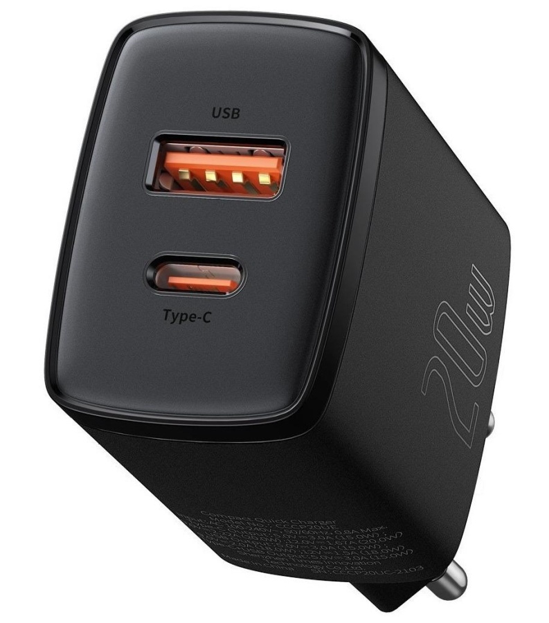 Incarcator retea Baseus Compact, Quick Charge 20W, 1 x USB Type-C 5V/3A max, 1 x USB 5V/3A, negru - Img 4