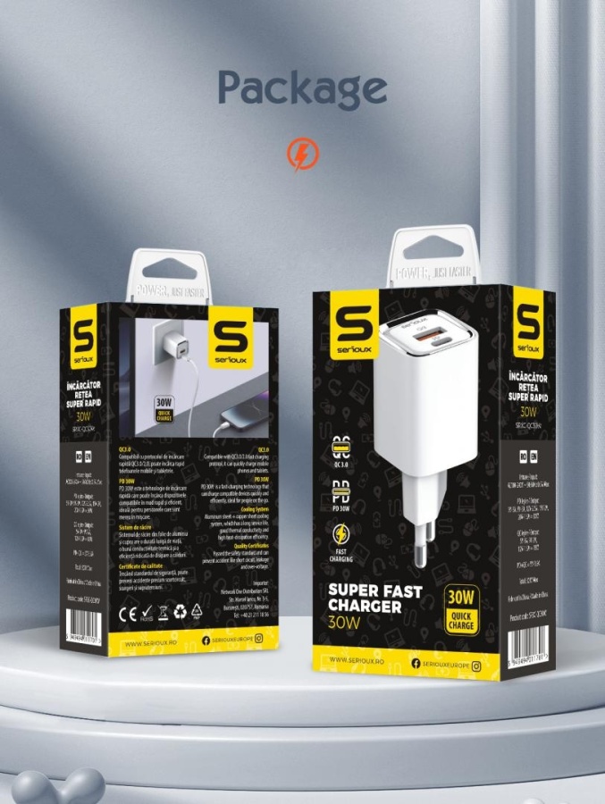 Incarcator retea Serioux 30W Quick Charge, Intrare AC100-240V~ 50/60Hz 0.7A Max, PD Ieșire: 5V-3A, 9V-3A, 12V-2.5A, 15V 2A, 20V=1.5A (30W), QC Ieșire: 5V-3A, 9V-2A, 12V=1.5A (18W), PD+QC=5V=3.6A, Total: 30W Max - Img 15