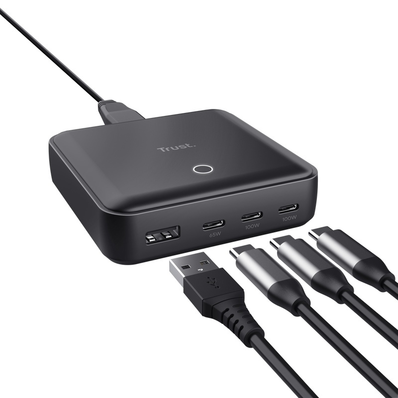 Statie de incarcare Trust, 4 porturi: 1 x USB-A &amp; 3 x USB-C, putere maxima 100W, compatibil cu laptop, tableta, smartphone, accessorii, negru - Img 4
