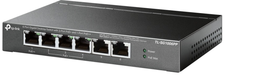 "6-Port Gigabit Desktop Switch with 3-Port PoE+ and 1-Port PoE++ PORT: 1× Gigabit PoE++ Port, 3× Gigabit PoE+ Ports, 2x Gigabit Non-PoE Ports SPEC: 802.3af/at/bt type3, 64 W PoE Power, Desktop Steel Case FEATURE: Extend Mode for 250m PoE Transmitting - Img 3