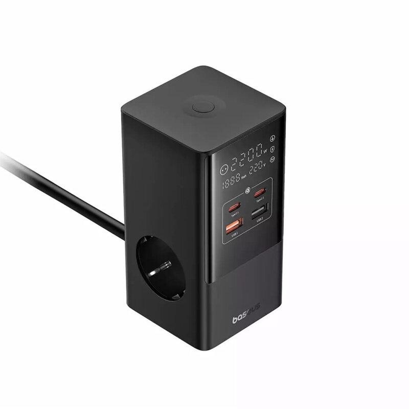 Incarcator retea Baseus PowerCombo Tower Digital Powerstrip, Quick charge 35W, 4 porturi iesire, lungime cablu 1.5m, negru - Img 2