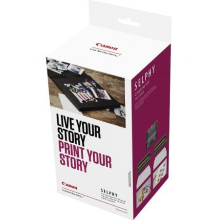 Kit creativ Canon compatibil cu imprimantele Canon Selphy CP1300 / CP1200 / CP910 / CP900 / CP1000 / CP820 / CP810. Contine hartie si cerneala pentru 36 de print-uri normale, hartie si cerneala pentru 18 print-uri tip eticheta adeziva, precum si o caseta