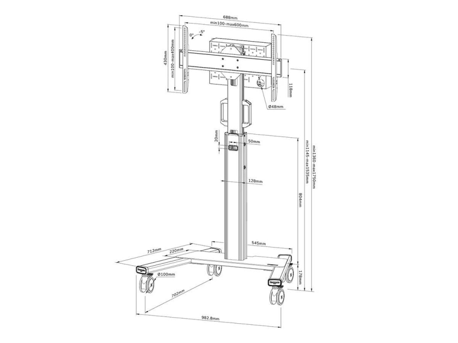 Stand podea mobil Neomounts 37"-75", VESA 100x100~600x400, 70kg, fix, inaltime reglabila, alb - Img 2