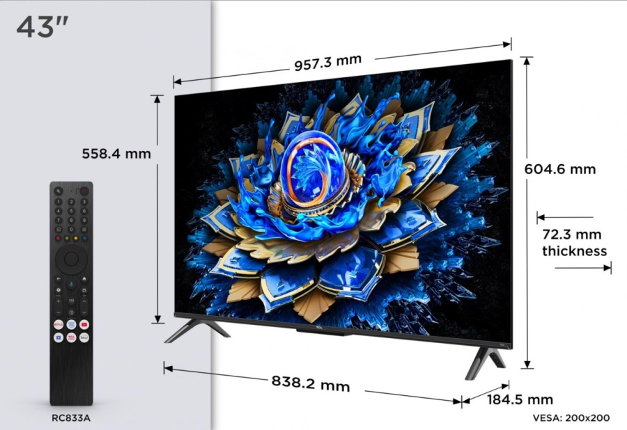 Televizor TCL QLED 43T69C, 108 cm, Smart Google TV, 4K Ultra HD, (Model 2025) - Img 2