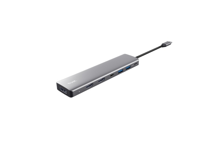 Adaptor Trust Dalyx 7-in-1, 2 porturi interfata USB-A 3.2 gen 1, 1 port USB-C, 2 porturi HDMI, 1 display port, 1 charging port USB-C 100W, led indicator oprit/pornit, lungime cablu 16cm, gri - Img 2