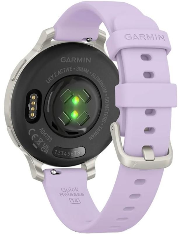 Ceas Garmin Lily 2 Active, display AMOLED, dimensiune afisaj 25,4 mm x 21,3 mm, rezolutie afisaj 240 x 201 pixeli, memorie 8GB, autonomie pana la 9 zile, rezistanta la apa pana la 5 ATM, greutate: 24,4g, ramă Argintiu, şi curea Purple Jasmine din silicon - Img 3