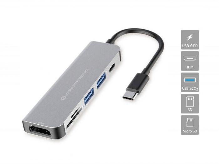 CONCEPTRONIC DONN02G 6-in-1 USB 3.2 Gen 1 Docking Station, USB 3.0 x 2, 60W USB PD, HDTV, SD, TF/MicroSD, 35.8 x 120 x 15 mm - Img 4
