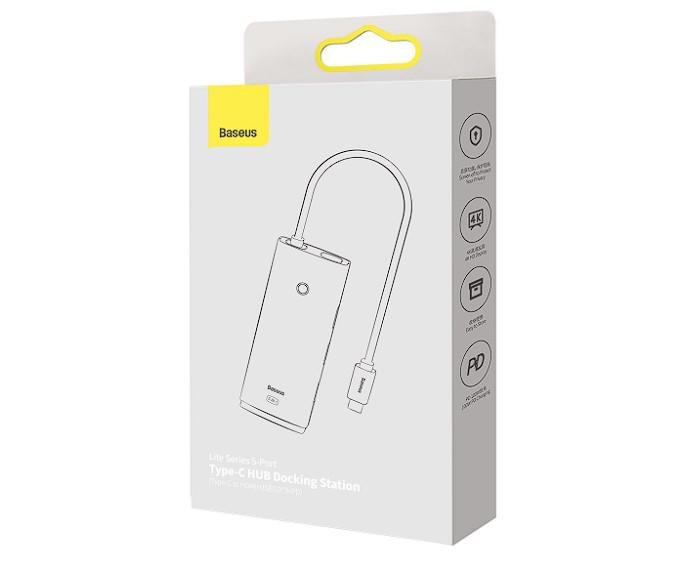 Docking Station Baseus Lite, conectare PC USB Type-C, USB 3.0 x 3, USB Type C x 1 PD 20V/5A, HDMI x 1/4K/30Hz, alb - Img 3