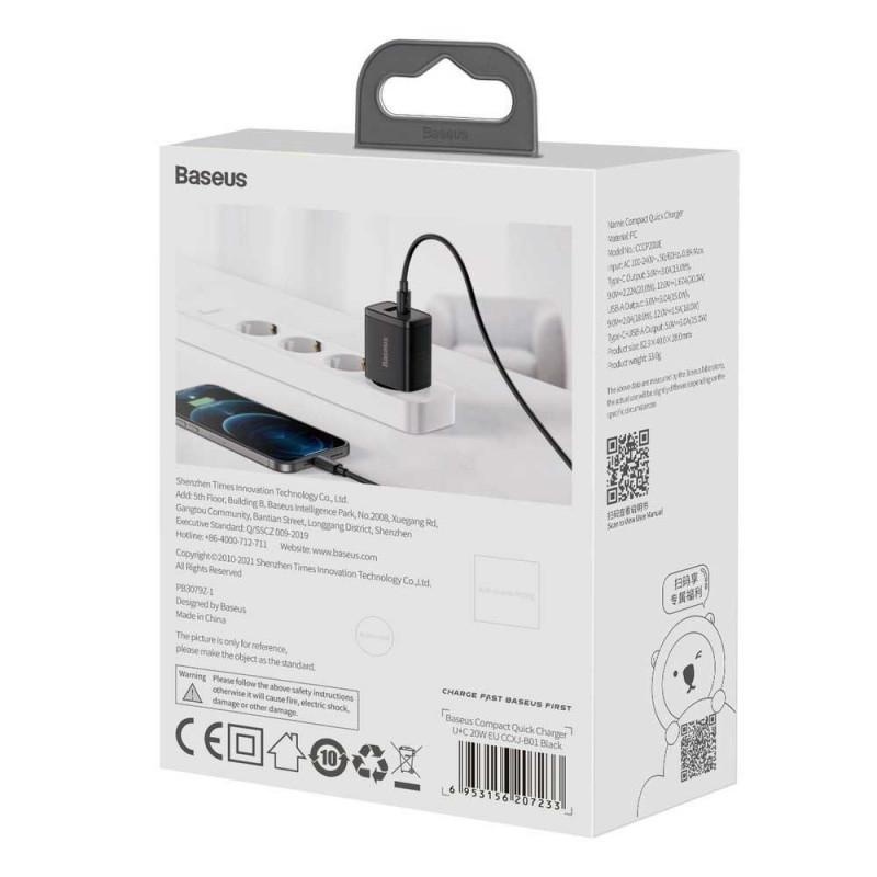 Incarcator retea Baseus Compact, Quick Charge 20W, 1 x USB Type-C 5V/3A max, 1 x USB 5V/3A, negru - Img 9