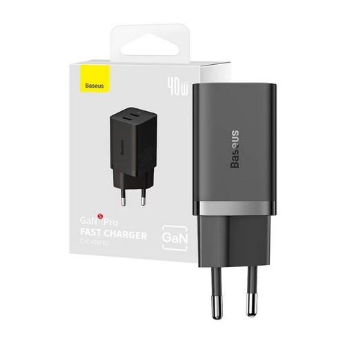 INCARCATOR retea Baseus GaN5 Pro, Quick Charge 40W, 2 x USB Type-C, negru - Img 4