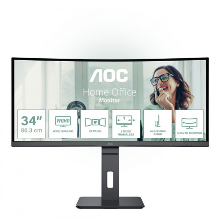MONITOR AOC CU34P3CV 34 inch, Panel Type: VA, Backlight: WLED ,Resolution: 3440 x 1440, Aspect Ratio: 16:9, Refresh Rate:100Hz,Response time GtG: 4 ms, Brightness: 300 cd/m², Contrast (static):3000:1, Contrast (dynamic): 50m:1, Viewing angle: 178/178,