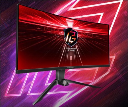 Monitor Gaming Asrock curbat PG34WQ15R2B, diagonala: 34", Aspect: 21:9, anti-glare, Rezolutie: 3440 x 1440, Refresh rate: 165Hz, Luminozitate: 550 cd/m2, Contrast: 3000:1, unghi vizualizare: 178°(H) / 178°(V), culori: 16.7M, Timp raspuns: 1ms, Flicker