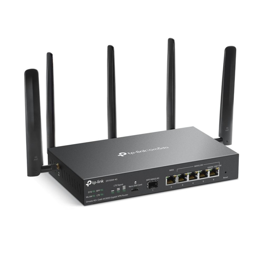 "Omada 4G+ Cat6 AX3000 Gigabit VPN Router PORT: 1× Gigabit SFP WAN/LAN Port, 1× Gigabit RJ45 WAN Port, 4× Gigabit WAN/LAN RJ45 Ports, 1 Nano SIM slot (4G+ Cat6) SPEED: 574Mbps at 2.4 GHz + 2402 Mbps at 5 GHz (HE160) Wi-Fi Speed, 300 Mbps Download LTE - Img 2