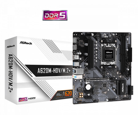 Placa de baza AsRock A620M-HDV/M.2+ AM5, 2x DDR5, 1x HDMI 2.1, 1x DisplayPort 1.4, 1x PCIe 4.0 x16, 2x PCIe 3.0 x1, 2x M.2, 4x SATA, Gigabit LAN, mATX