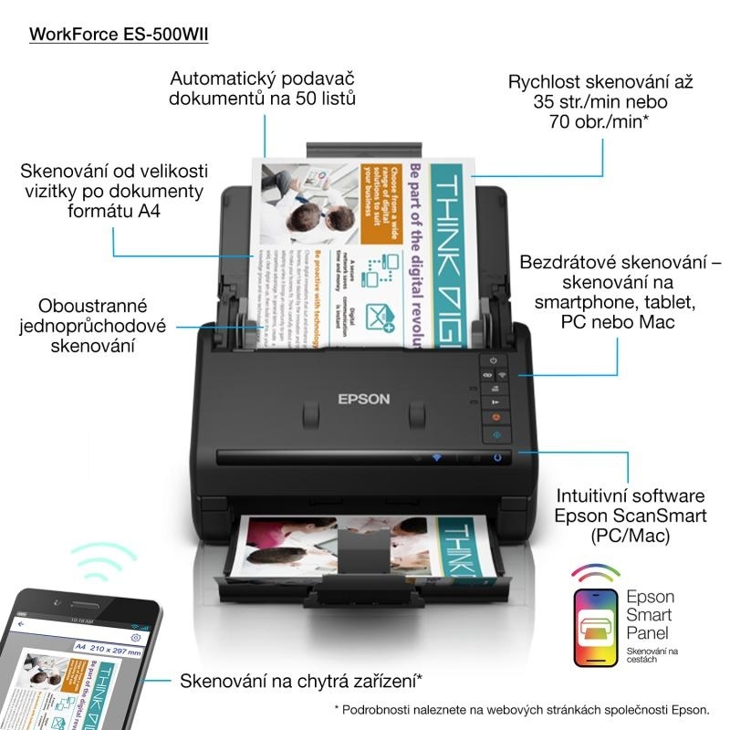 Scanner Epson WorkForce ES-500WII, dimensiune A4, tip sheetfed, Duplex, viteza scanare: 35 ppm mono si color, rezolutie optica 600 X 600dpi, senzor CIS, capacitate: 50 coli, tehnologie ReadyScan LED, Scanare catre BMP, JPEG, TIFF, multi-TIFF, PDF, - Img 6