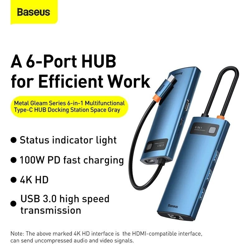 DOCKING Station Baseus Metal Gleam, conectare PC USB Type-C, USB 3.0 x 3, USB Type C x 1 PD 100W 5V / 9V / 14.5V / 20V 5A (Max.), Gigabit RJ-45 x 1, HDMI x 1/4K/30Hz, albastru - Img 8