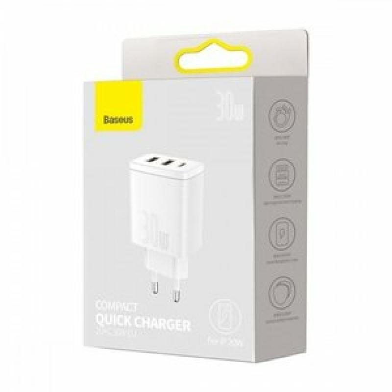 INCARCATOR retea Baseus Compact, Quick Charge 30W, 2 x USB 5V/3A, 1 x USB Type-C 5V/3A, alb - Img 7