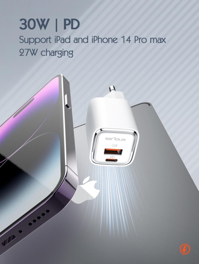 Incarcator retea Serioux 30W Quick Charge, Intrare AC100-240V~ 50/60Hz 0.7A Max, PD Ieșire: 5V-3A, 9V-3A, 12V-2.5A, 15V 2A, 20V=1.5A (30W), QC Ieșire: 5V-3A, 9V-2A, 12V=1.5A (18W), PD+QC=5V=3.6A, Total: 30W Max - Img 5