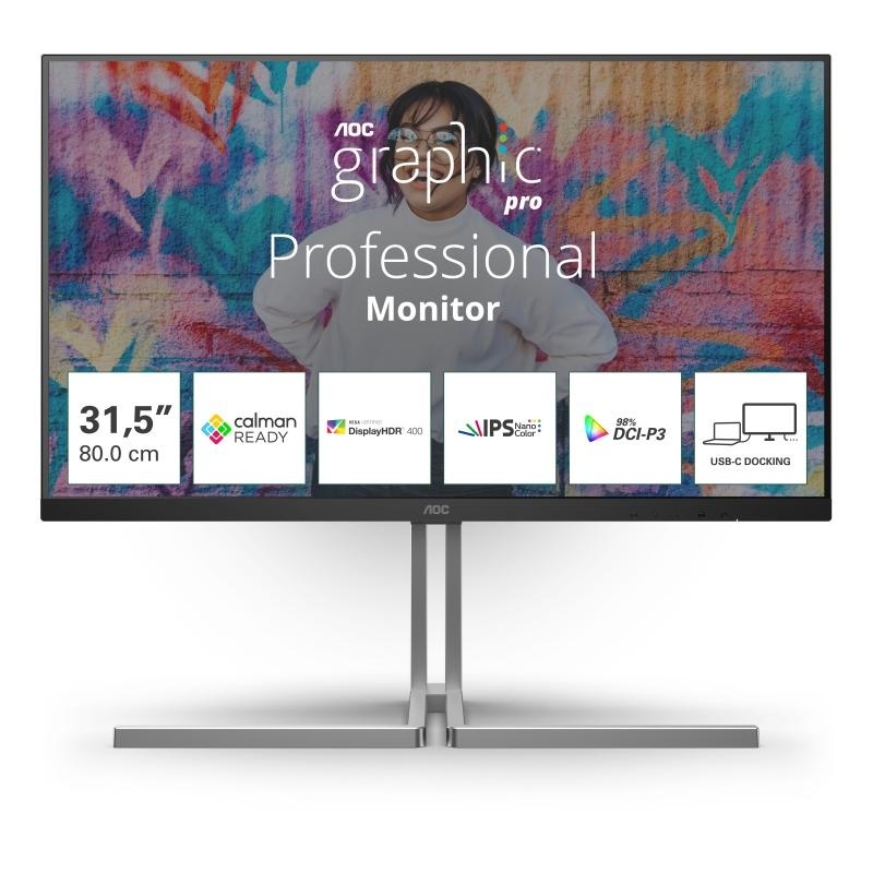"Monitor AOC 31.5"" U32U3CV, Diagonal (inch): 31.5, Diagonal (cm): 80, Aspect ratio: 16:9, Panel: IPS, Resolution: 3840x2160, Refresh Rate: 60Hz, Response time GtG: 4ms, Brightness (max): 400 cd/m², Contrast (static) : 1000:1, Contrast (dynamic): 50M:1, - Img 2