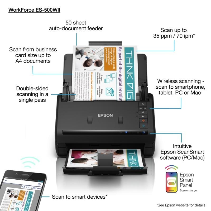 Scanner Epson WorkForce ES-500WII, dimensiune A4, tip sheetfed, Duplex, viteza scanare: 35 ppm mono si color, rezolutie optica 600 X 600dpi, senzor CIS, capacitate: 50 coli, tehnologie ReadyScan LED, Scanare catre BMP, JPEG, TIFF, multi-TIFF, PDF, - Img 7