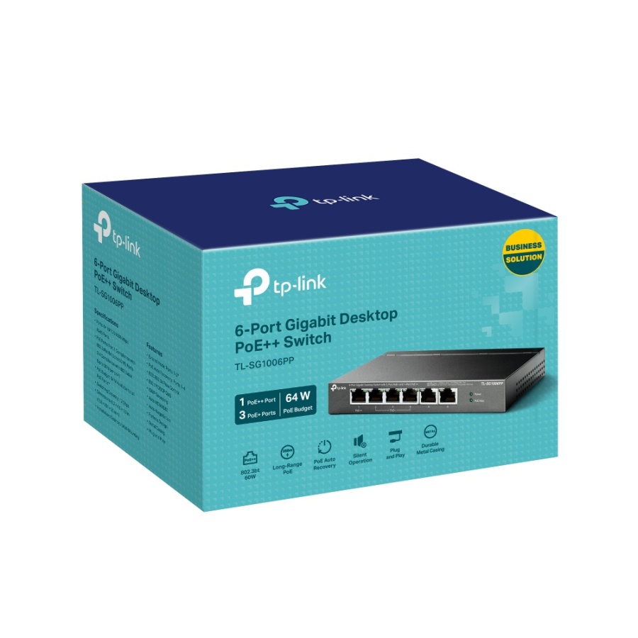 "6-Port Gigabit Desktop Switch with 3-Port PoE+ and 1-Port PoE++ PORT: 1× Gigabit PoE++ Port, 3× Gigabit PoE+ Ports, 2x Gigabit Non-PoE Ports SPEC: 802.3af/at/bt type3, 64 W PoE Power, Desktop Steel Case FEATURE: Extend Mode for 250m PoE Transmitting - Img 4