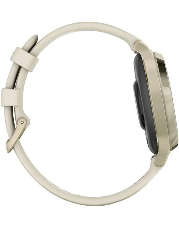 Ceas Garmin Lily 2 Active, display AMOLED, dimensiune afisaj 25,4 mm x 21,3 mm, rezolutie afisaj 240 x 201 pixeli, memorie 8GB, autonomie pana la 9 zile, rezistanta la apa pana la 5 ATM, greutate: 24,4g, ramă MLunar Glod şi curea Bone din silicon - Img 4