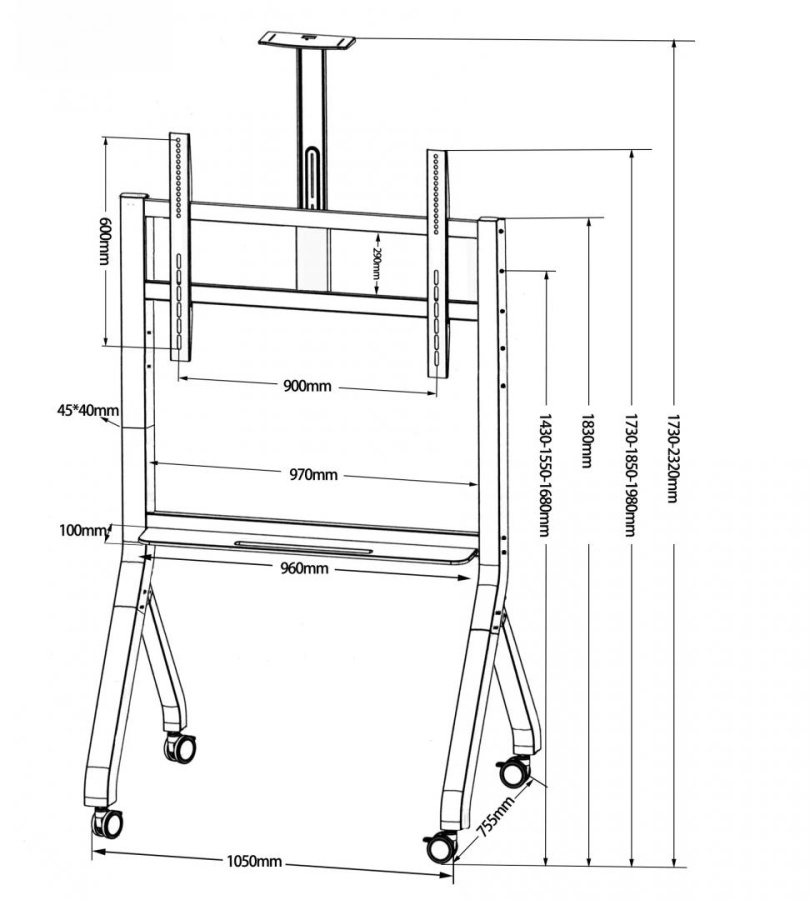 Stand TV mobil Serioux TV213CA, dimensiuni: 1050x755x2320mm, compatibilitate Max Vesa: 900x600mm, compatibilitate TV: 55"-100", greutate maximă suportata: 120 kg, baza cu 4 roti, raft multifunctional, negru - Img 4