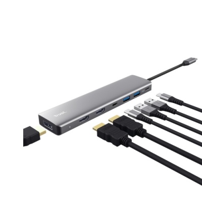Adaptor Trust Dalyx 7-in-1, 2 porturi interfata USB-A 3.2 gen 1, 1 port USB-C, 2 porturi HDMI, 1 display port, 1 charging port USB-C 100W, led indicator oprit/pornit, lungime cablu 16cm, gri - Img 3