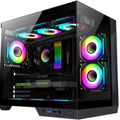 Carcasa gaming Serioux Shadow, fara sursa, tip middle tower, USB2.0x+HD Audio, USB3.0, porturi rezervate pentru ventialtor: MN 2x120mm ventilatoare ARGB (incluse), spate:1x120mm ventilator RGB (inclus), sus 3x120mm/2x140mm, controler 4 porturi, drive