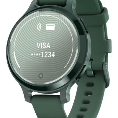 Ceas Garmin Lily 2 Active, display AMOLED, dimensiune afisaj 25,4 mm x 21,3 mm,rezolutie afisaj 240 x 201 pixeli, memorie 8GB, autonomie pana la 9 zile, rezistanta la apa pana la 5 ATM, greutate: 24,4g, ramă Jasper Green şi curea Jasper Green din silicon