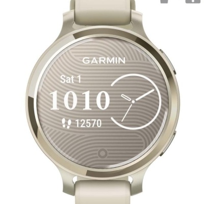 Ceas Garmin Lily 2 Active, display AMOLED, dimensiune afisaj 25,4 mm x 21,3 mm, rezolutie afisaj 240 x 201 pixeli, memorie 8GB, autonomie pana la 9 zile, rezistanta la apa pana la 5 ATM, greutate: 24,4g, ramă MLunar Glod şi curea Bone din silicon